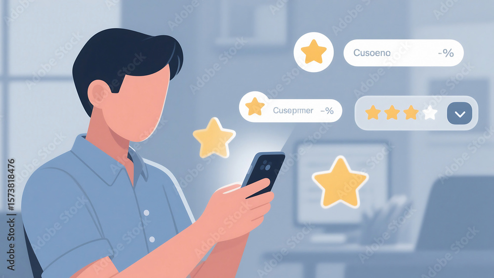 Poster man using smartphone with customer review stars and rating interface in a modern office setting