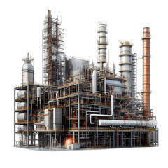 Complex industrial infrastructure showcases a modern factory with intricate pipelines, towers, and metal structures against a transparent background.