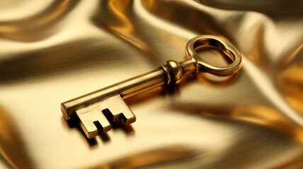 A gleaming golden key rests on a luxurious gold fabric, symbolizing wealth and opportunity.