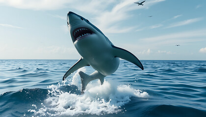 Great White Shark Leaping from the Ocean with Birds Flying Overhead