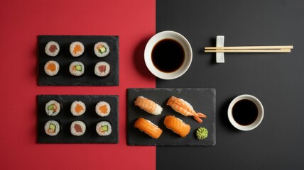A beautifully arranged sushi set with various rolls and nigiri on black slate plates against a red and black background