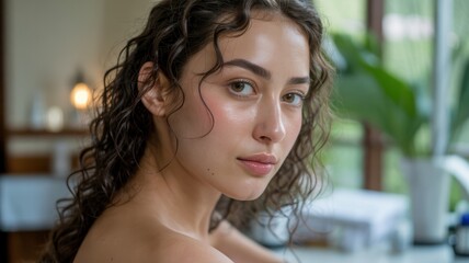 A woman with curly hair in a softly lit bathroom, exuding a serene and natural beauty