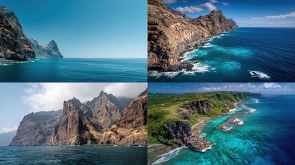 Four aerial views of dramatic coastal landscapes, showcasing rugged volcanic cliffs meeting turquoise waters