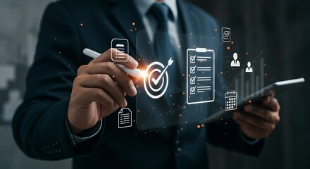 Businessman pointing at a target with a checklist and business growth charts