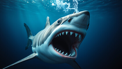 Great White Shark with Open Mouth Swimming Underwater in Dark Blue Ocean