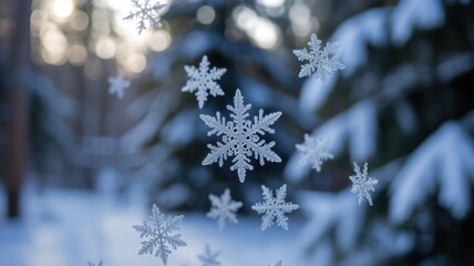 Delicate snowflakes gently falling against a serene, snowy forest backdrop