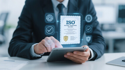 Man in suit holding a tablet displaying an iso certificate with digital icons surrounding it