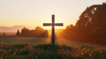A wooden cross stands solemnly in a grassy field at sunset, casting a warm glow over the serene landscape