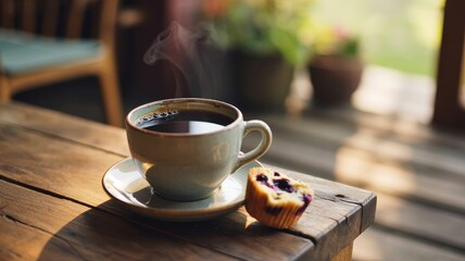 A steaming cup of coffee paired with a blueberry muffin on a rustic wooden table, bathed in soft sunlight.