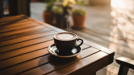 A steaming cup of coffee sits on a wooden table, bathed in warm sunlight with a serene outdoor ambiance.
