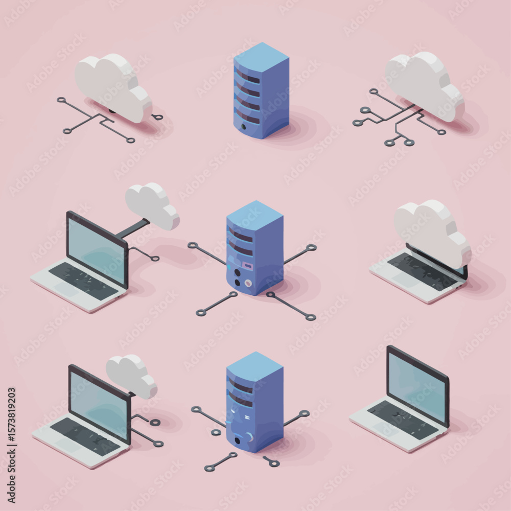 Poster isometric illustration of cloud computing, servers, and laptops connected in a network.