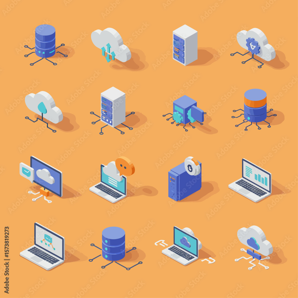 Poster isometric illustrations of cloud computing, data storage, and server technology.