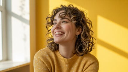 A woman with curly hair smiles warmly in a sunlit room with yellow walls, exuding happiness and contentment.