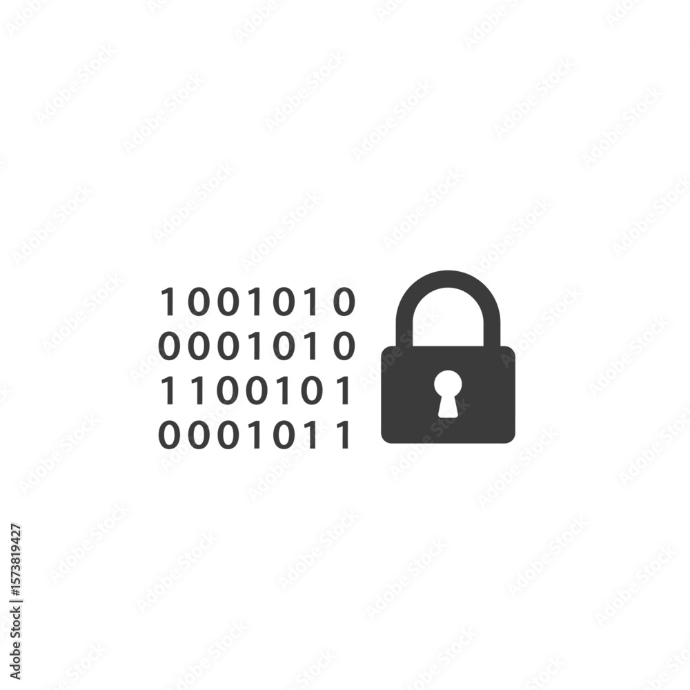 Poster binary code secured by a padlock, symbolizing data protection and digital security.