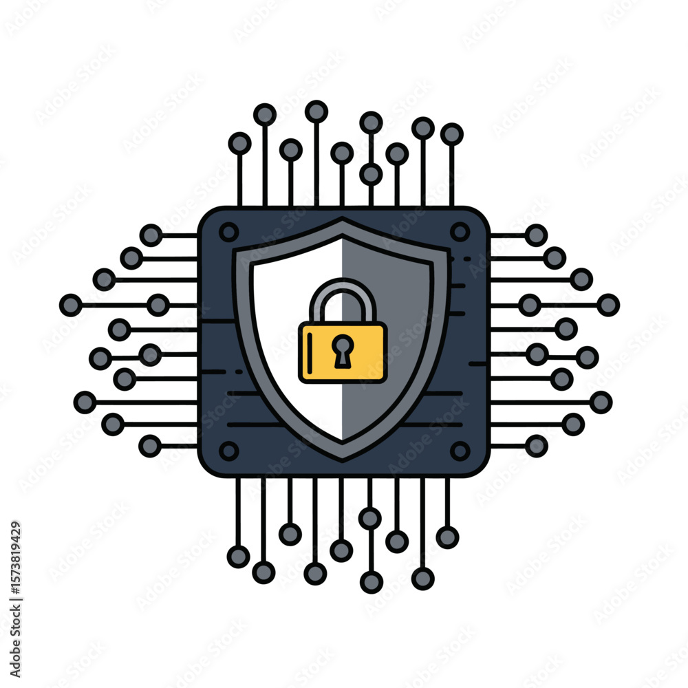 Poster illustration of a computer chip with a shield and padlock, representing data security.