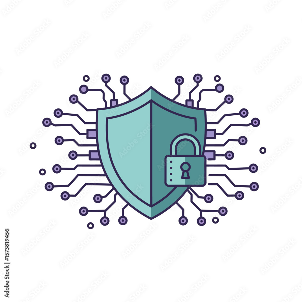Poster cybersecurity shield with padlock, representing digital protection and data security.