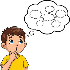 Cartoon boy thinking with blank mind map, vector illustration, brainstorming idea concept, educational design, creative thinking clipart