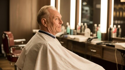 A man in a barber's chair, draped in a striped cape, gazes thoughtfully to the side in a warmly lit barbershop.