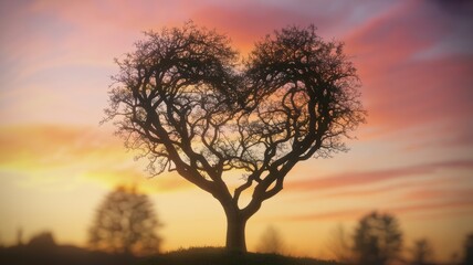 A solitary tree stands in silhouette against a vibrant sunset sky, its branches forming a natural heart shape.