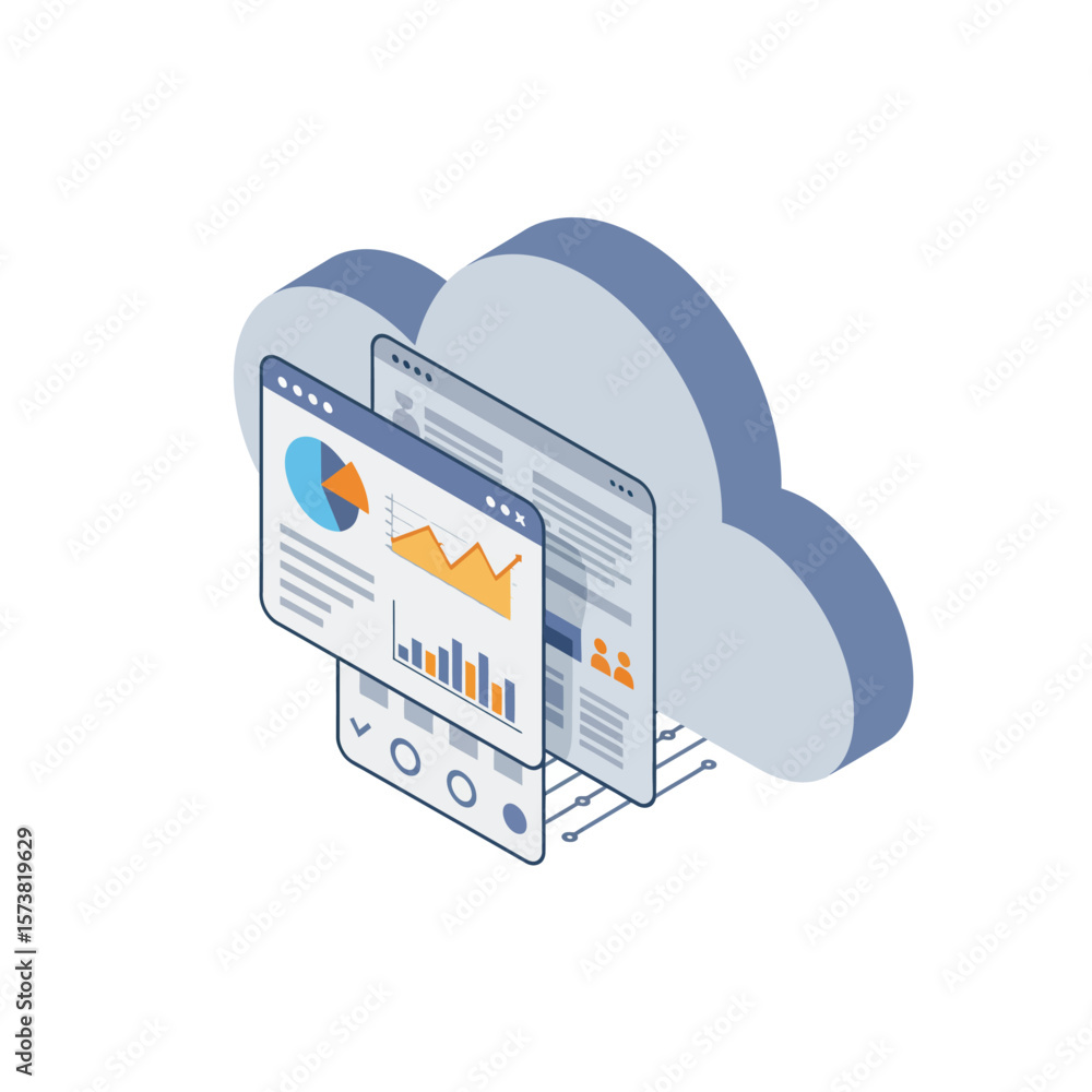 Poster cloud computing data visualization, showing interconnected web pages and graphs.