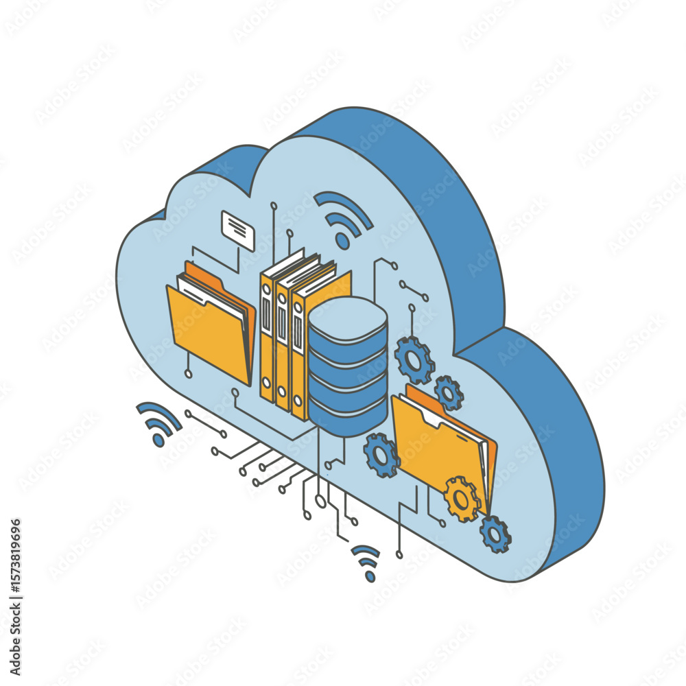 Poster cloud computing illustration showing data storage, folders, and wireless connectivity, all connected