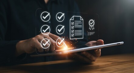 Businessman checking tasks on a tablet with a digital checklist