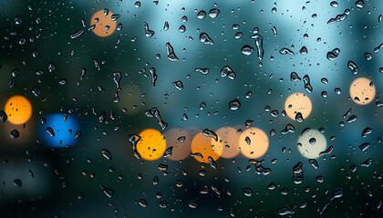 Raindrops on a Window with Bokeh Lights in the Background at Night
