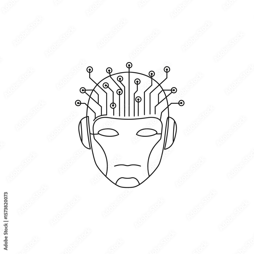 Poster a minimalist line drawing of a robotic head with embedded circuitry.