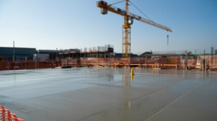 Construction site with a freshly poured concrete floor and a towering crane under a clear blue sky