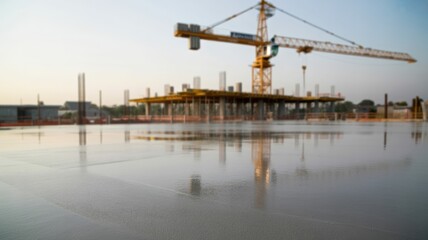 Construction site with a towering crane reflected in wet concrete, showcasing early stages of building development