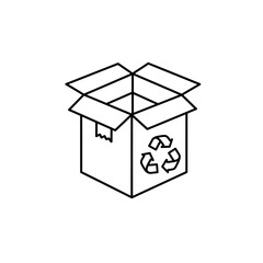 An open cardboard box with a recycling symbol, depicted as a simple line drawing.