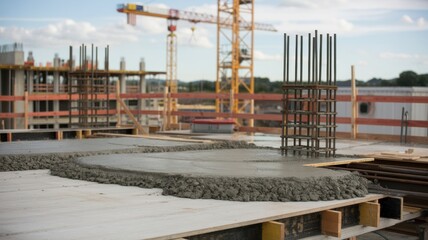 Construction site with concrete pouring and steel reinforcement under a clear sky