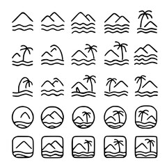 Collection of 25 minimal line landscape icons, featuring mountains, waves, and palm trees in various shapes.