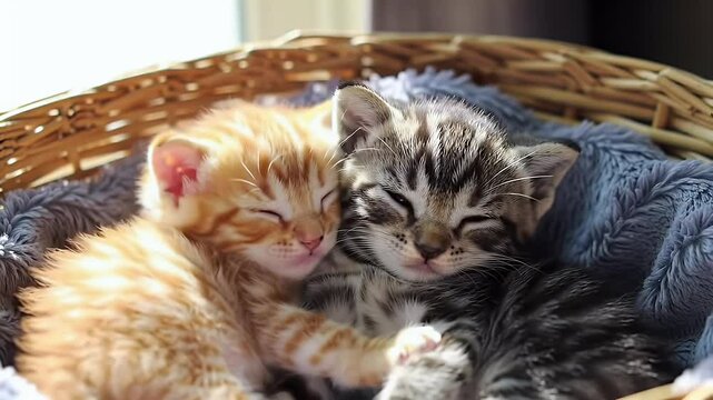 Kittens cuddled together, sleeping peacefully in a basket on soft blanket