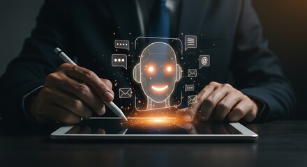 Businessman interacting with an ai chatbot on a tablet screen