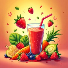 Colorful Fruit Bowls, Refreshing Juice Pops, Cartoon Characters, Cute Emoji Icons, and Wholesome Morning Tea Cups with Hearts to Energize Your Day with Fun and Flavorful Health-Focused Visuals