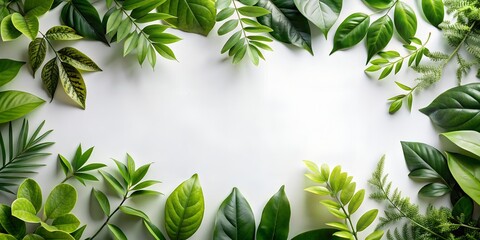 Fresh Green Leaves Frame on White Background for Natural Design