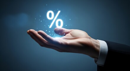 Glowing percentage symbol in a hand represents financial growth, savings, loan rates, investments, and discount opportunities within the market.