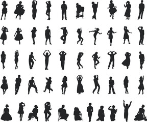 Silhouette man and woman standing, sitting, dancing, posing in various gestures, cad drawing flat vector illustration, people figure clipart set