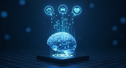 Conceptual brain with data streams represents AI, machine learning, neural networks, big data, and smart technology for healthcare, insurance, and automotive sectors.