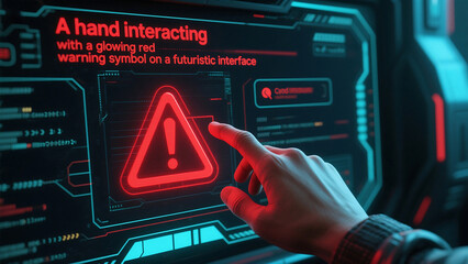 A hand touching a glowing red warning symbol on a futuristic computer interface display screen panel