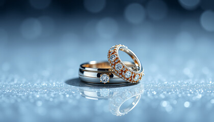 Elegant Wedding Rings with Diamonds on a Sparkling Blue Background for Celebration