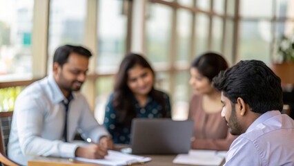 Indian HR managers conducting employee engagement survey meeting	
