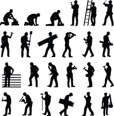 Obraz premium Construction worker silhouette vector, handyman tool action poses, builder with hammer, cad drawing flat vector illustration, black labor figure icons