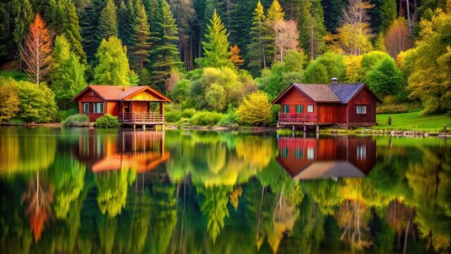 Serene Lakeside Cabins Mirrored in Autumnal Waters, a Picturesque Retreat - Powered by Adobe