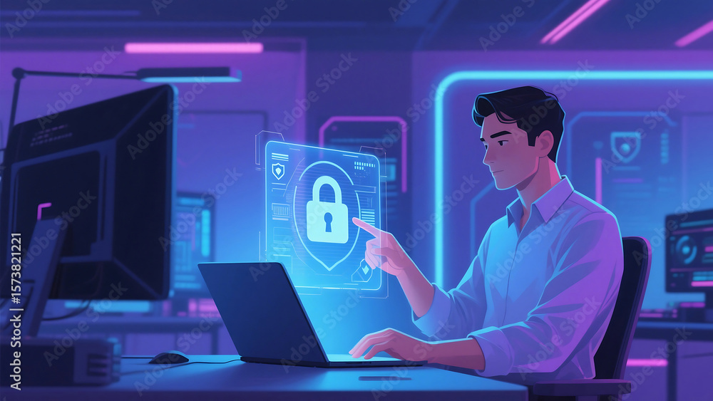 Aufkleber man interacting with security interface on laptop in a futuristic office environment with neon light
