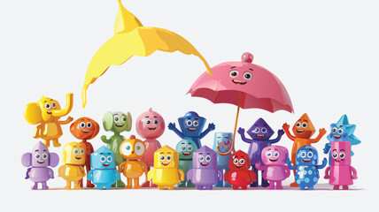 Obraz premium Cartoon Characters of Various Shapes and Colors Gathered Under an Umbrella and Banana Peel
