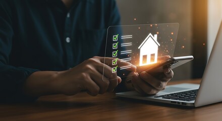Person using smartphone and laptop to manage real estate tasks and goals