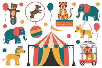 Obraz premium Colorful Cartoon Circus Animals with Tent, Lion Cage, Bear on Ball, and Two Elephants
