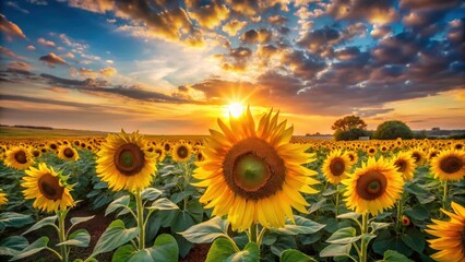 Fototapeta premium Golden Hour Sunflowers in a Vast Field at Sunset A Stunning Display of Nature's Beauty